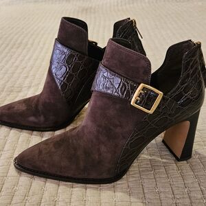 Vince Camuto Brown Suede & Croc-Embossed Ankle Booties with Gold Buckle